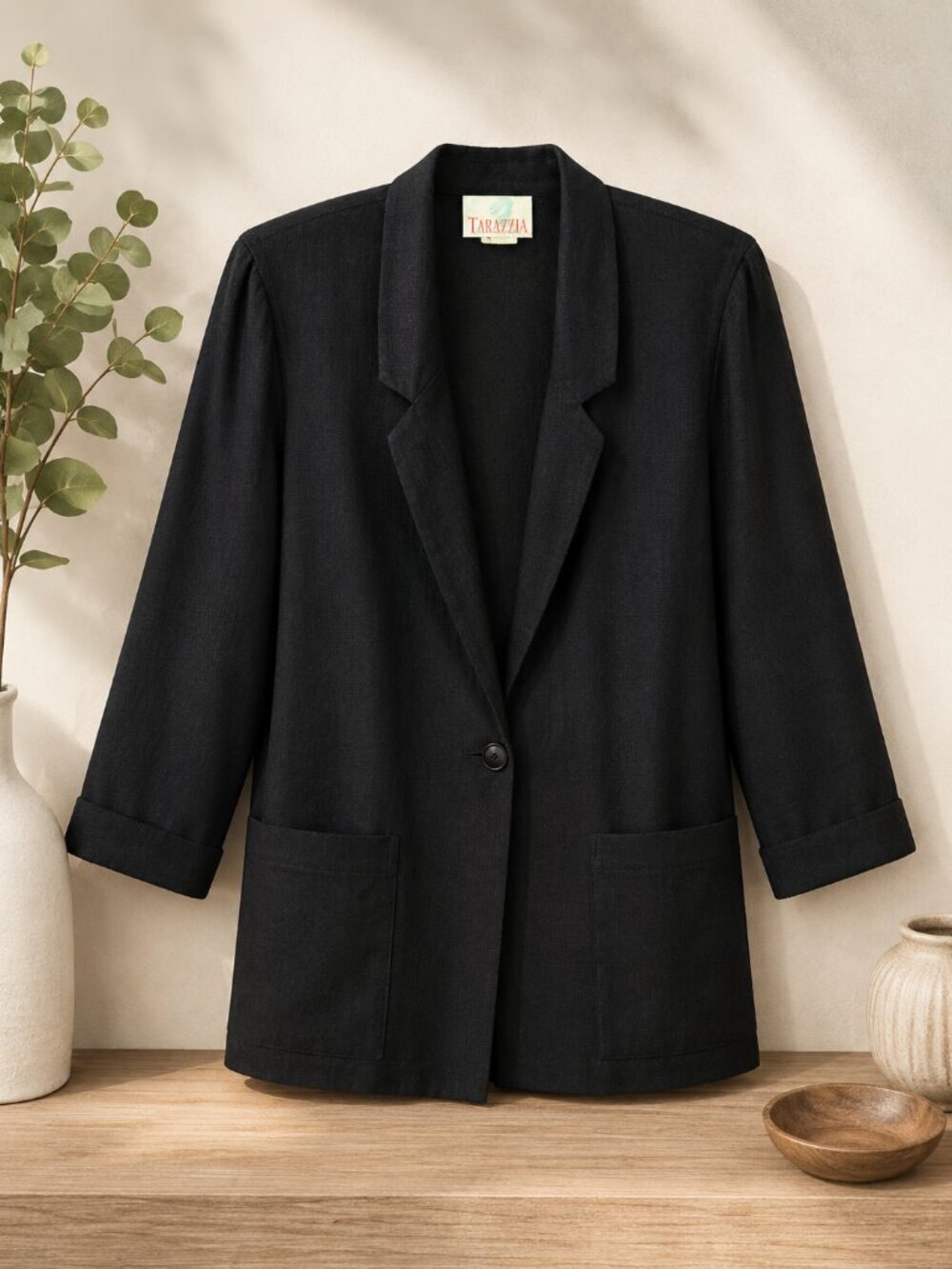 Tarazzia Black Rayon Textured One-Button Blazer - M